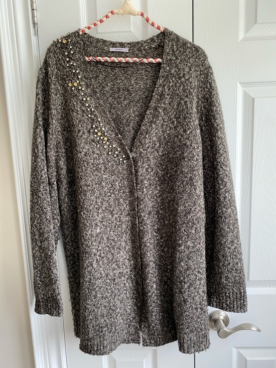Persona Sweaters - Persona Brown Marled V-Neck Cardigan with Stud Detail